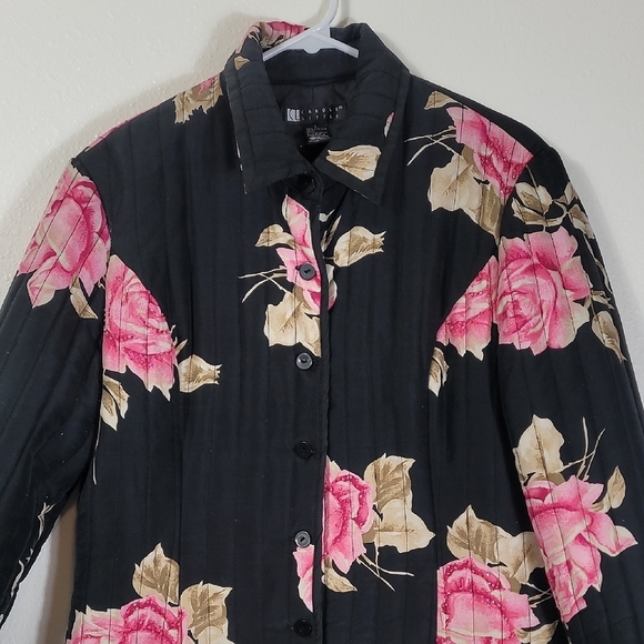 Carole Little 100% Silk Button Up Jacket Size L Floral Sequin Quilted Rose Lined - Picture 2 of 16